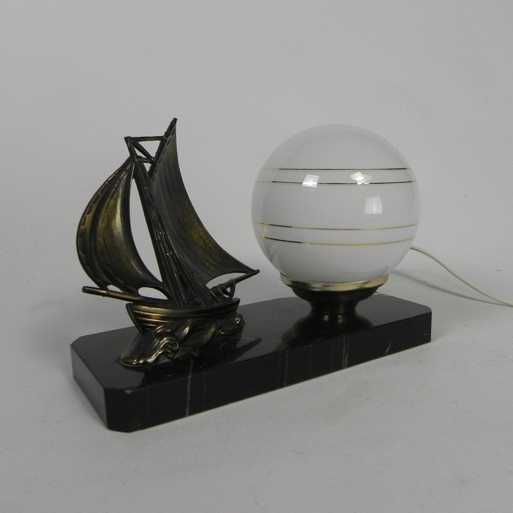 Art Deco Bureaulampje zeilboot  bol op marmer voet, jaren 30, Ophalen of Verzenden