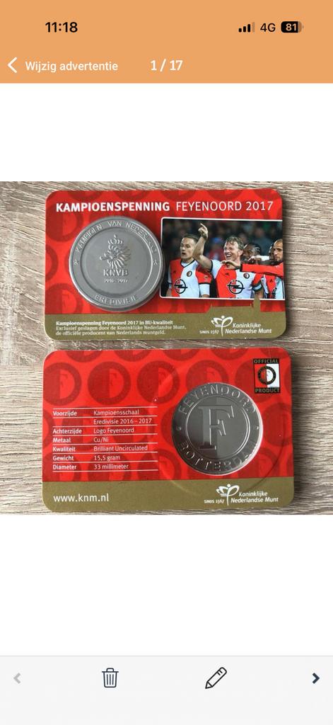 Feyenoord Kampioenspenning 2017, officiële KNVB penning !, Ophalen of Verzenden