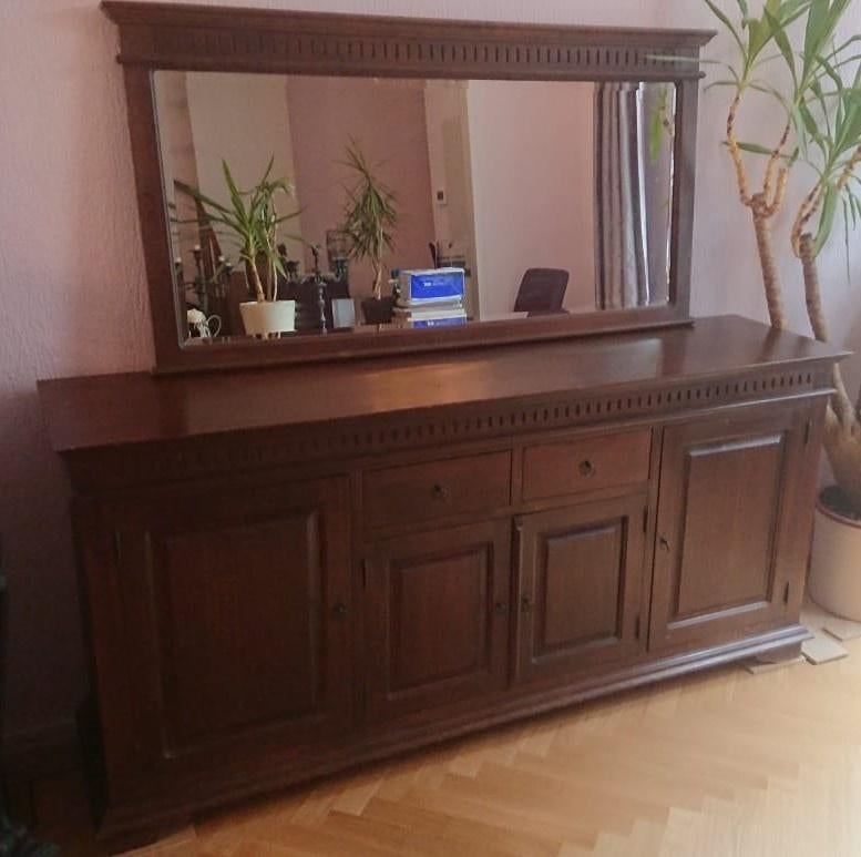 koloniale dressoir met bijpassende spiegel (massief hout), Huis en Inrichting, Kasten | Dressoirs, Ophalen, Gebruikt, Met deur(en)