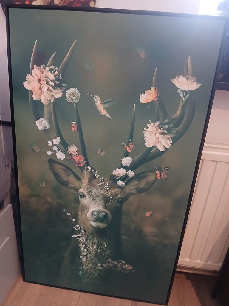 Groot Canvas Schilderij Hert met Bloemen en Lijst, Huis en Inrichting, Woonaccessoires | Schilderijen, Tekeningen en Foto's, Ophalen