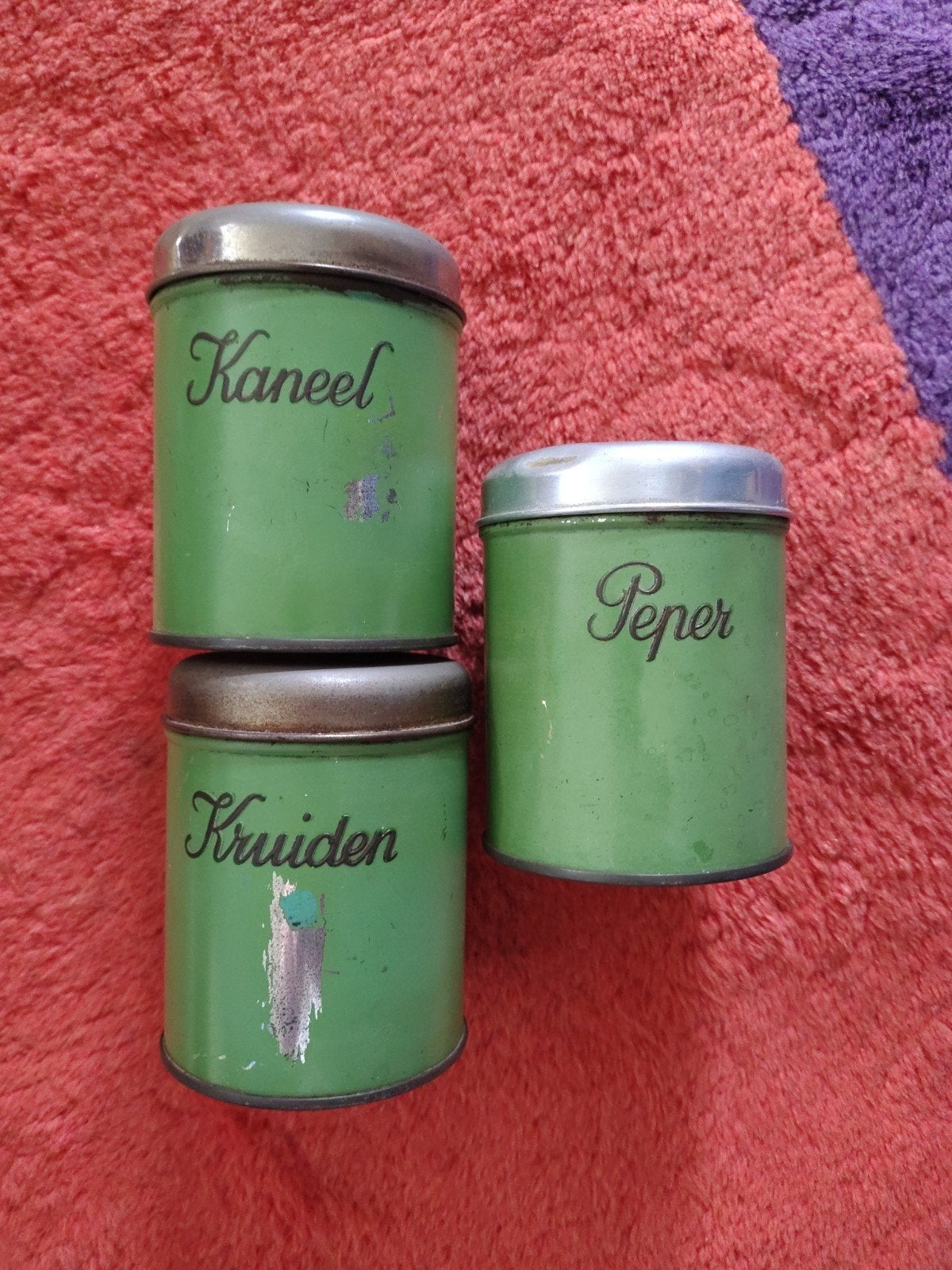 Set van 3 groene kruidenblikjes - Kaneel, Peper, Krui, Ophalen of Verzenden