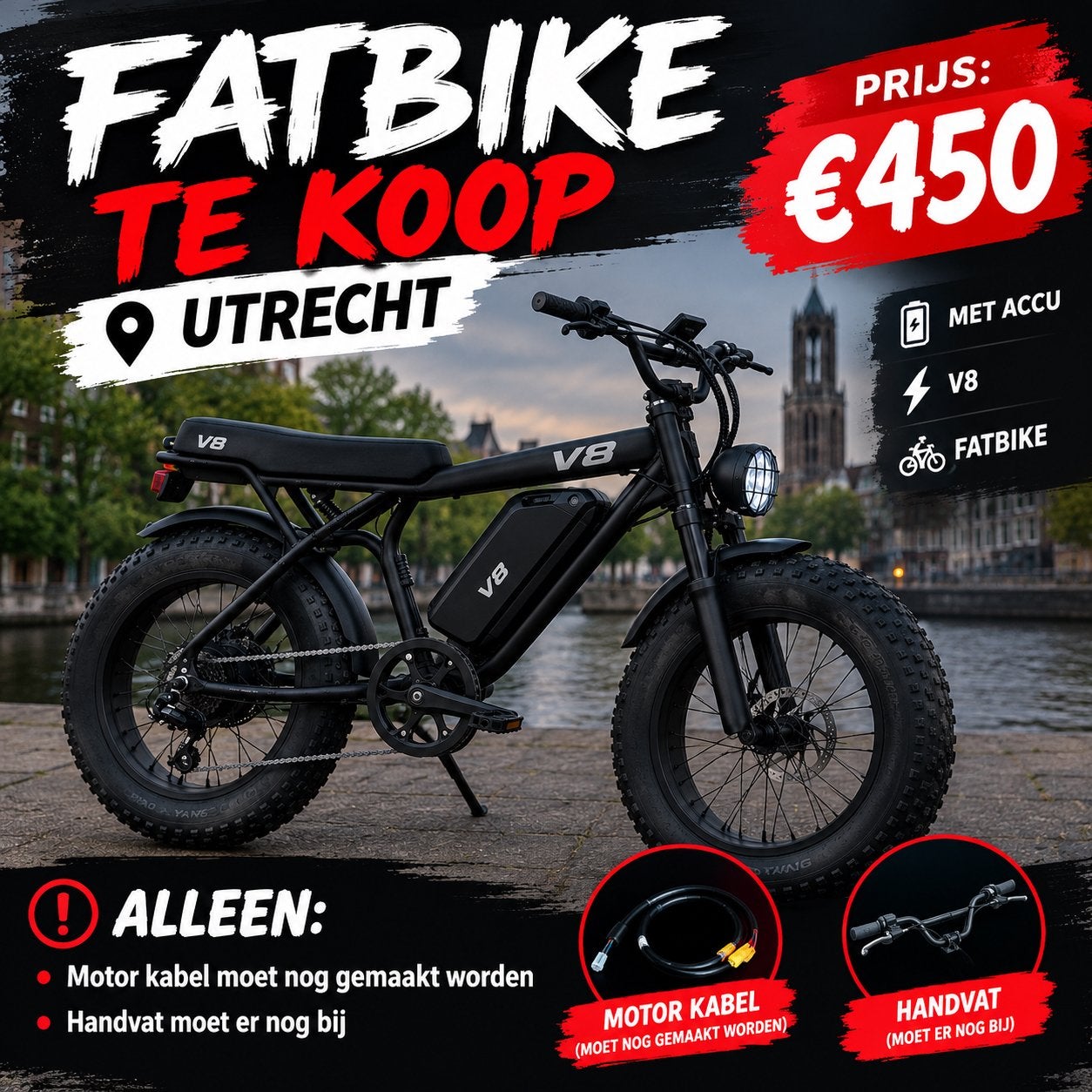 Fatbike V8  met 2 accu - Motor kabel en handvat missen, Overige merken, Gebruikt, Ophalen of Verzenden, 50 km per accu of meer