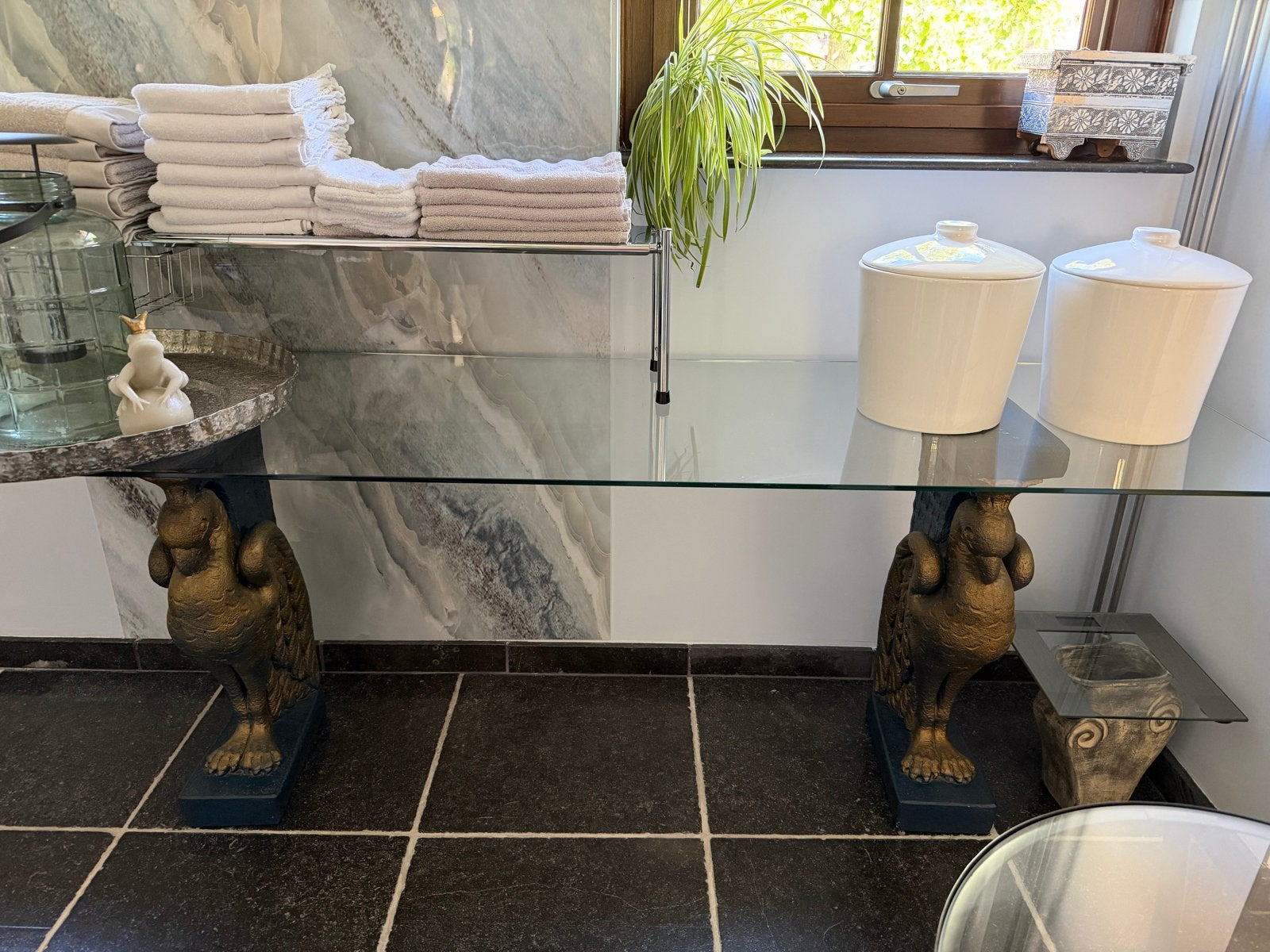 Glazen console tafel met unieke gouden adelaar poten, Ophalen, Zo goed als nieuw