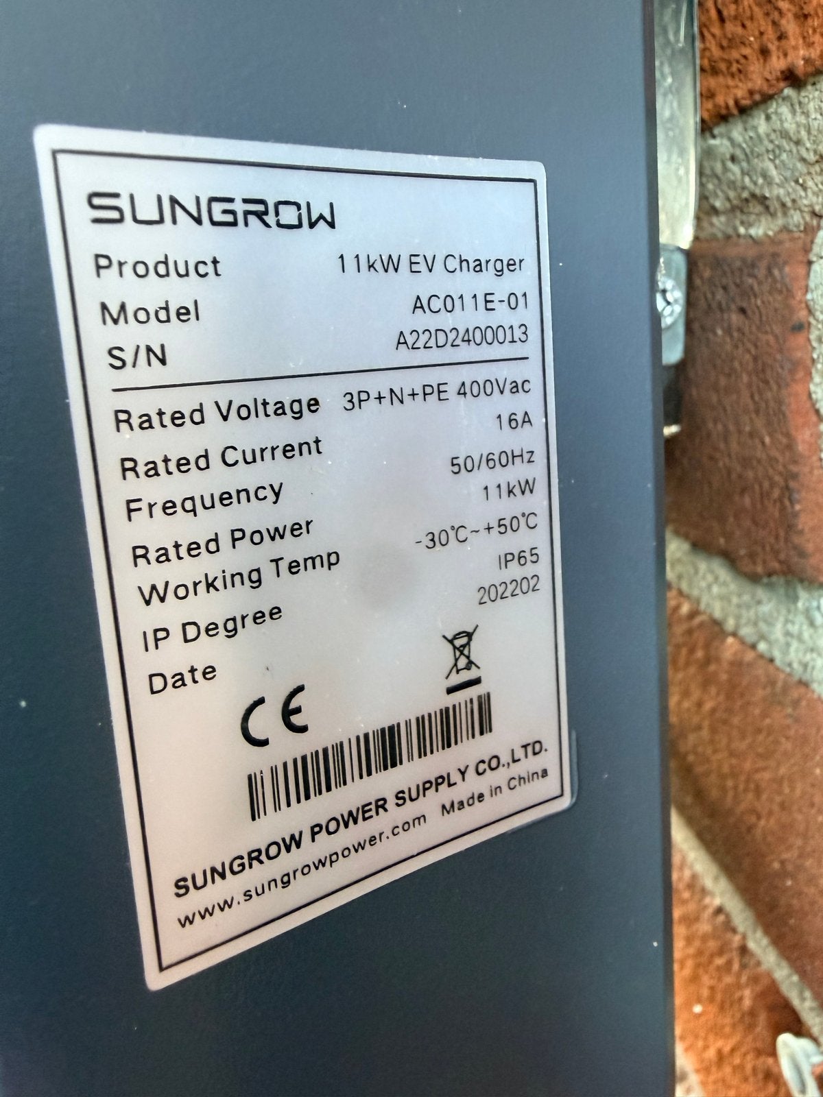 Sungrow 11kW EV Lader AC011E-01, Ophalen of Verzenden, Gebruikt, Laadpaal en Laadkabel