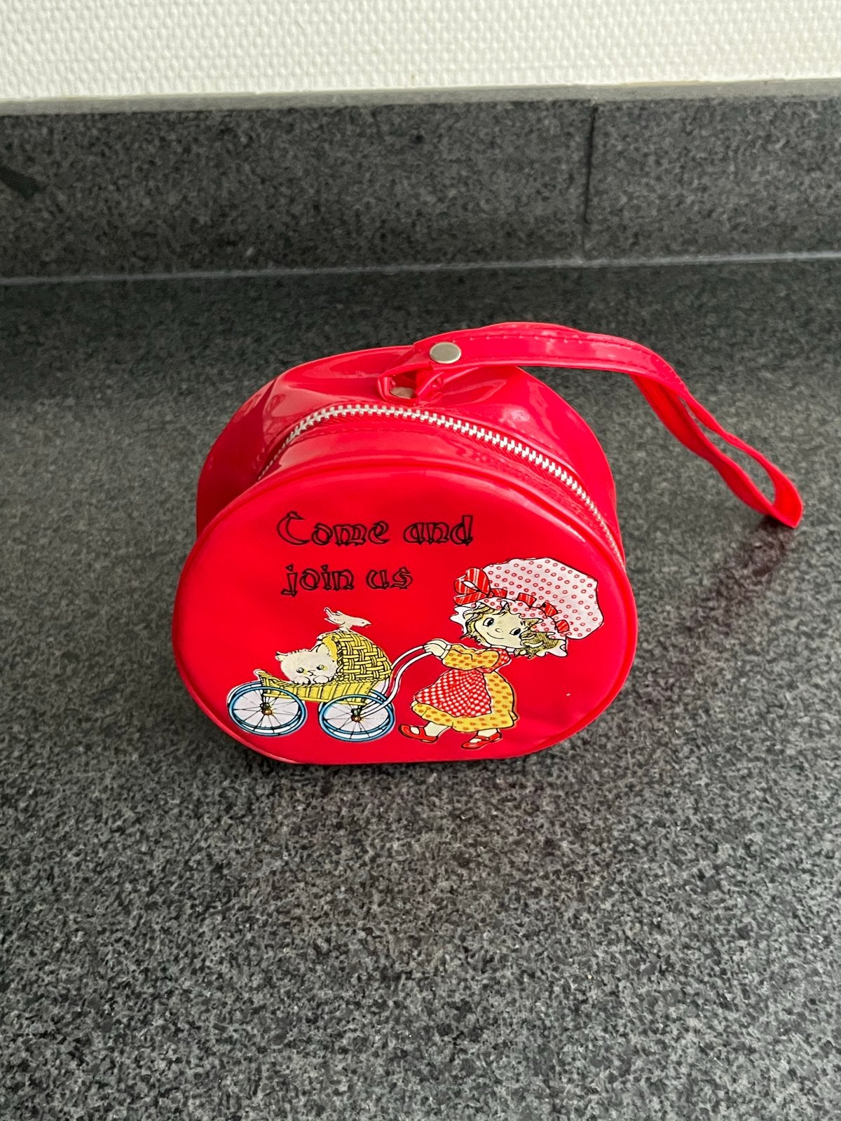 Vintage Rood Make-up Tasje met Spiegel - 'Come and join us', Ophalen of Verzenden