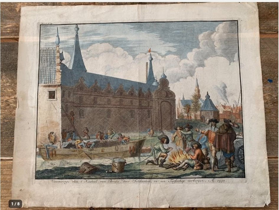Originele Jan Luyken 1730 – Turfschip Breda – handgekleurd, Ets, Militair, Ophalen of Verzenden, Blanco verso