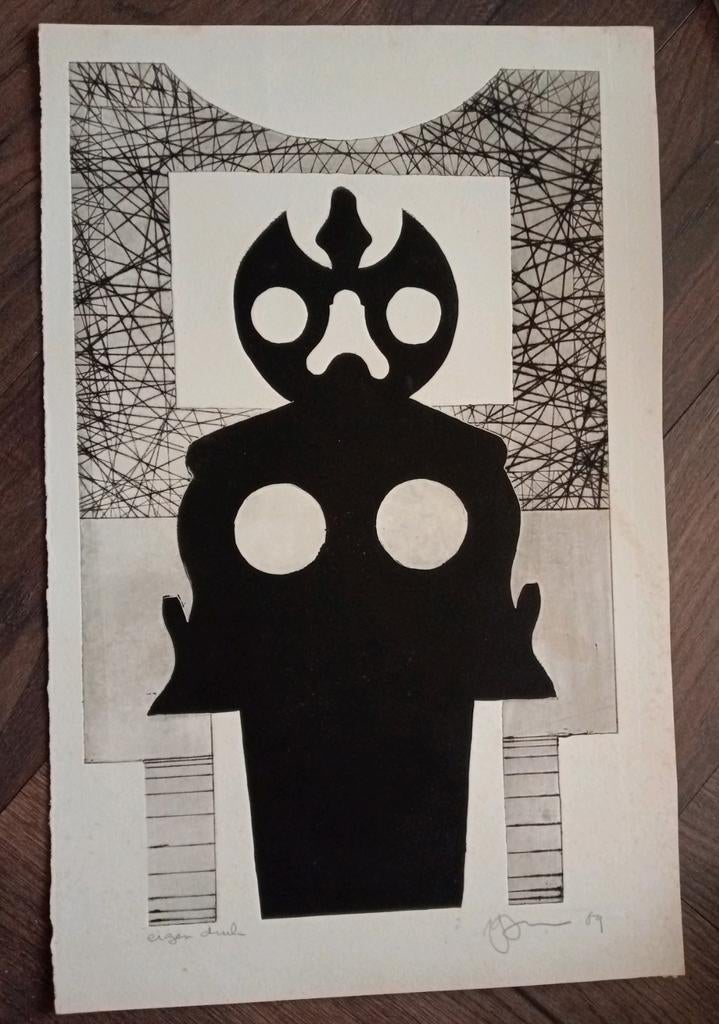 Lithografie abstracte reliëf druk 1969 gesigneerd, Antiek en Kunst, Ophalen of Verzenden