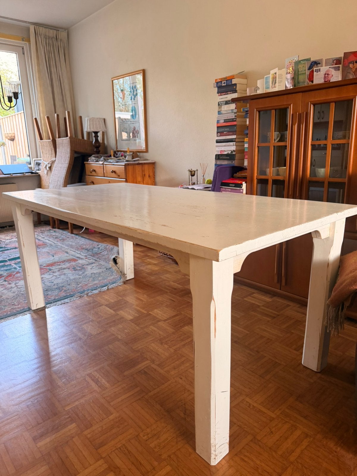 GRATIS: Witte rustieke houten eettafel, Ophalen, Gebruikt, 50 tot 100 cm, Vijf personen of meer