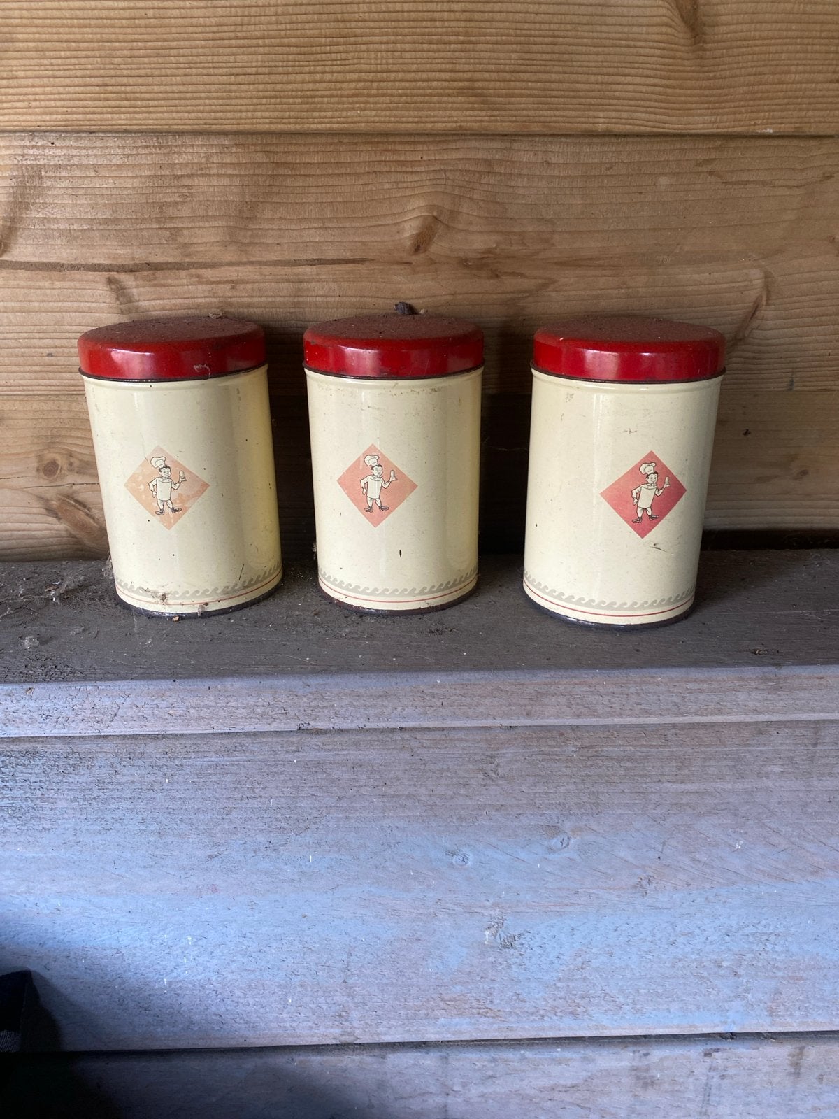 Set van 3 Vintage Voorraadblikken met Chef-kok Decoratie, Ophalen of Verzenden