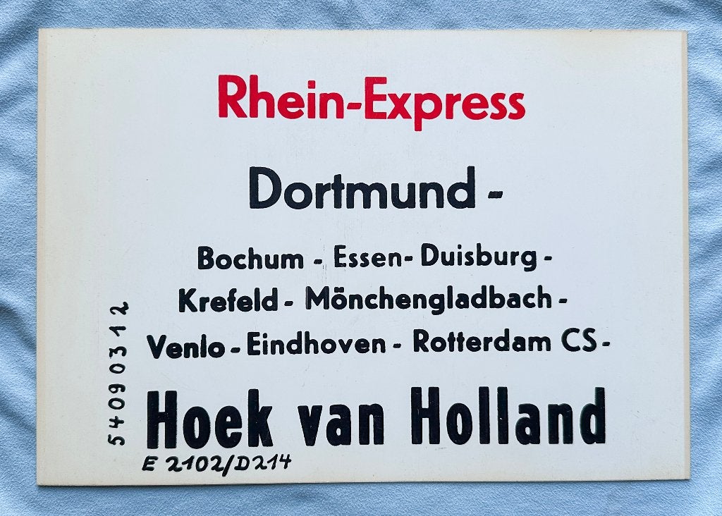 DB Koersbord Rhein-Express Dortmund - Hoek van Holland & vv, Verzamelen, Spoorwegen en Tramwegen, Verzenden, Gebruikt, Trein, Kaart of Prent