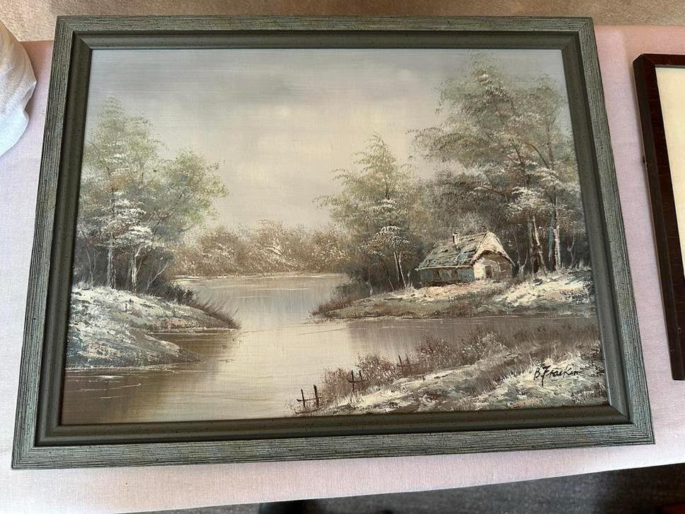Schilderij landschap aan het water, gesigneerd, Ophalen
