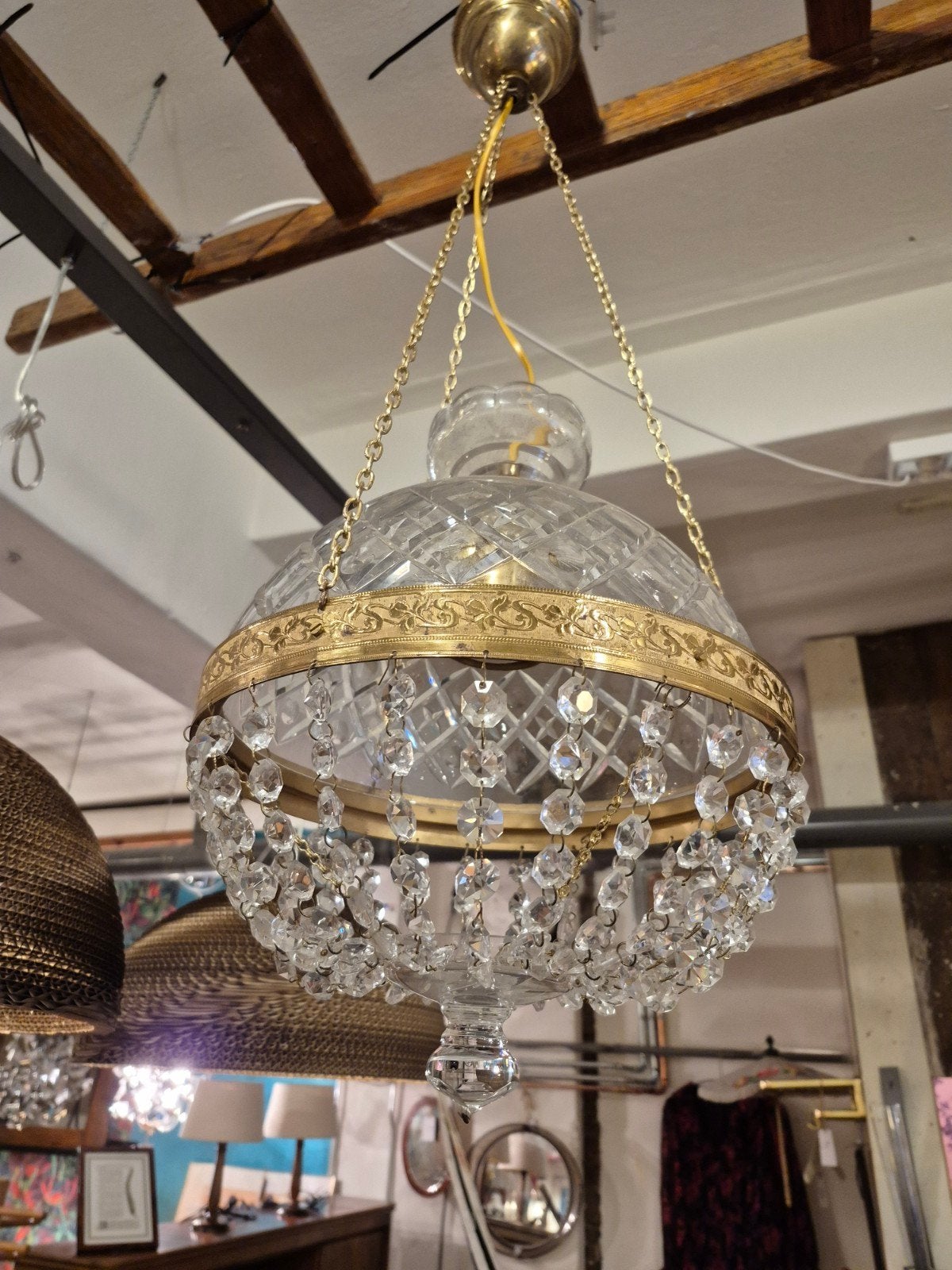 Prachtige kristallen hanglamp met messing details, Ophalen of Verzenden