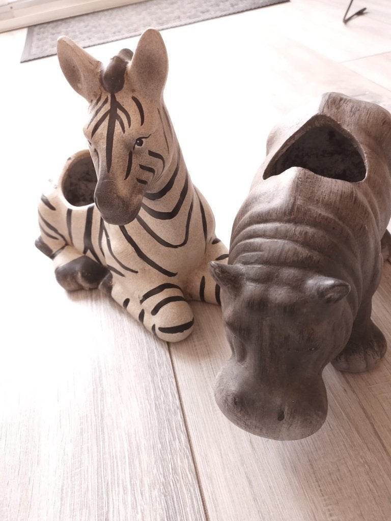 Broccante Zebra en Nijlpaard terracotta plantenbakjes, Steen, Gebruikt, Minder dan 30 cm, Minder dan 60 cm