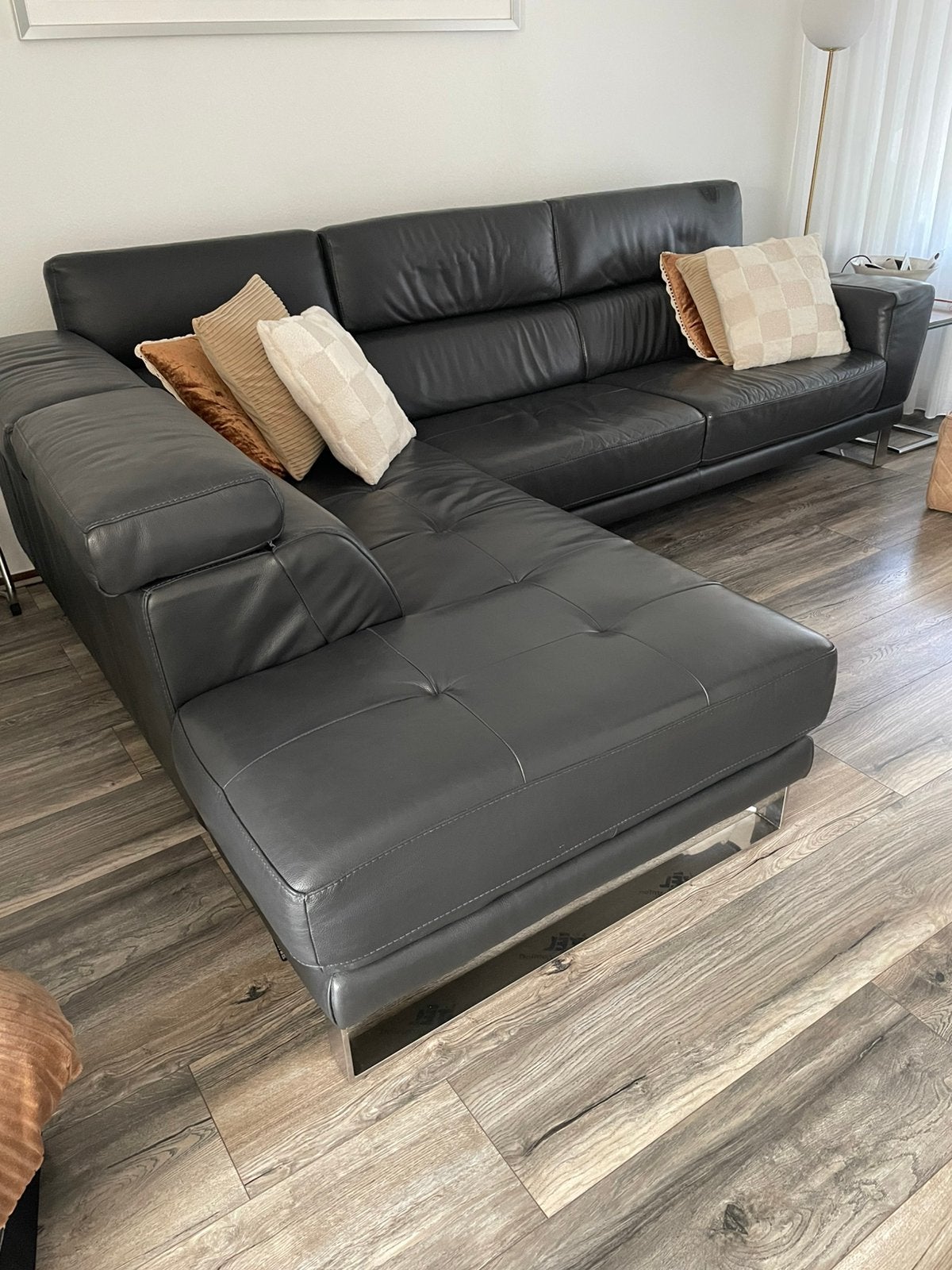 Montel lounge bank grijs leer, Ophalen, Gebruikt, Minder dan 75 cm, Leer
