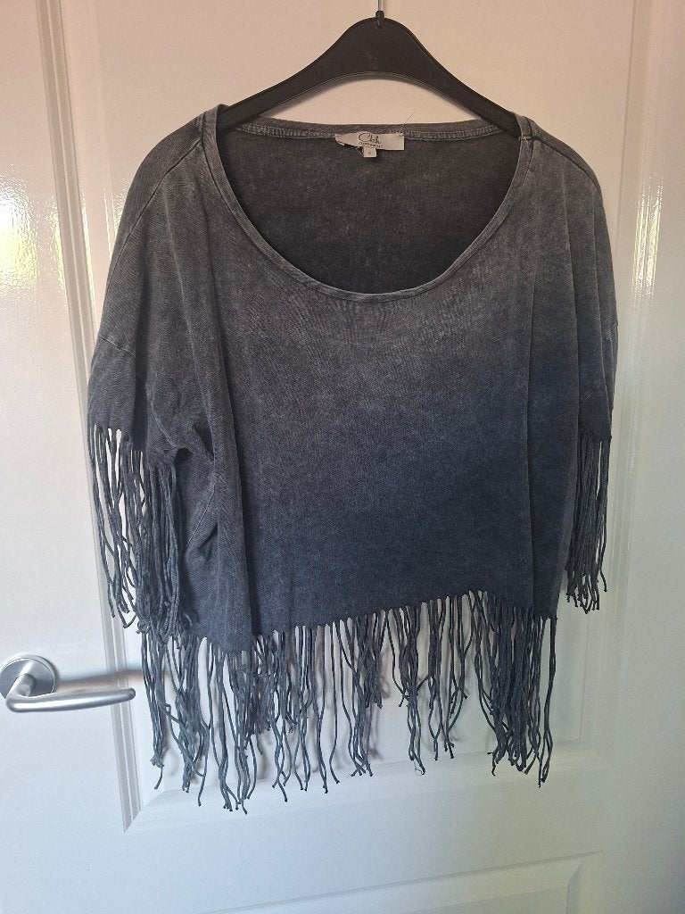 Verwassen grijze top met franjes, maat XL., Verzenden, Gedragen, Maat 46/48 (XL) of groter, Grijs