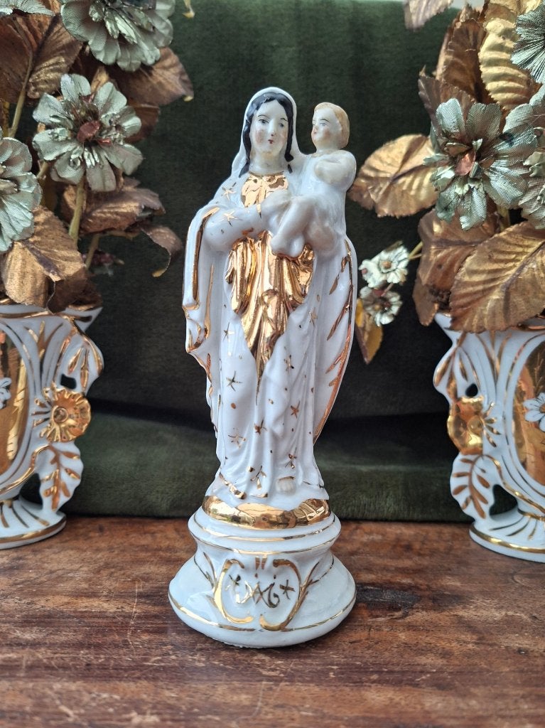 Mariabeeldje met bloemornamenten in vaasjes, Antiek en Kunst, Antiek | Religie, Ophalen of Verzenden