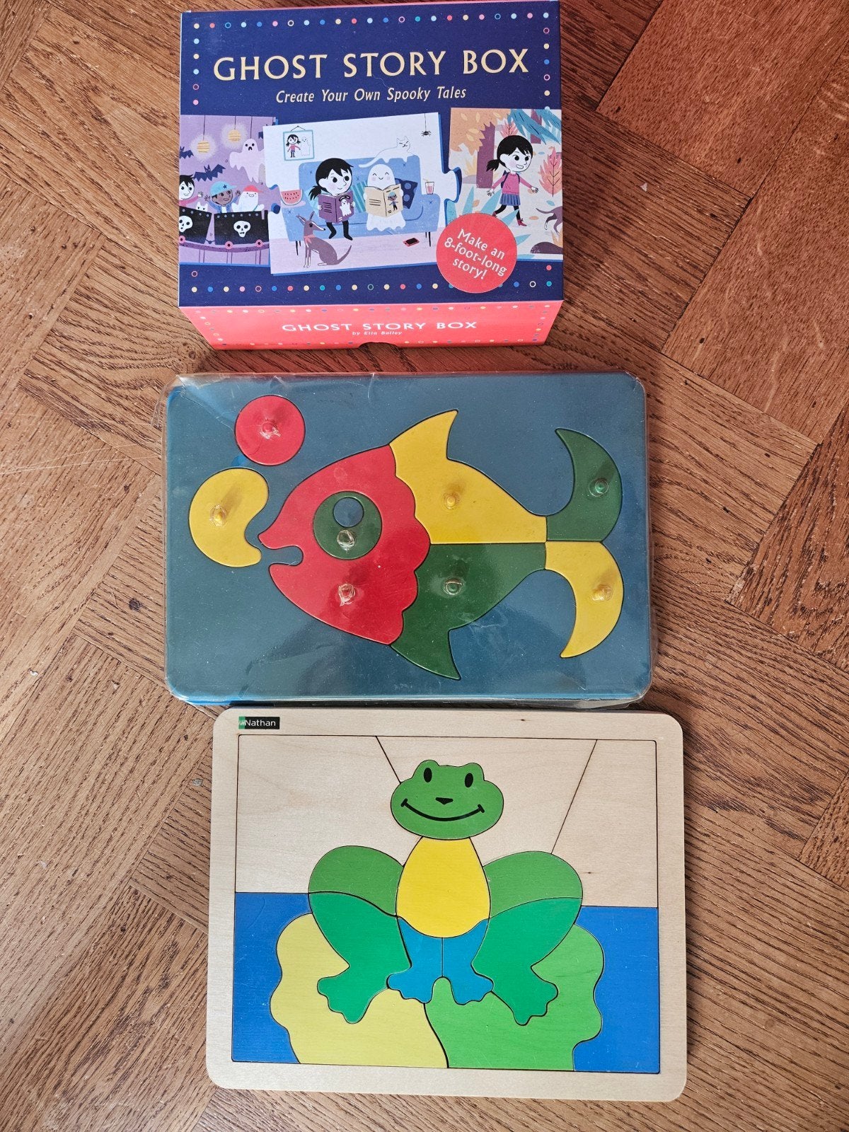 Set van 3 puzzels: spookverhaal, vis en kikker, 10 tot 50 stukjes, Ophalen of Verzenden, Zo goed als nieuw, Van hout