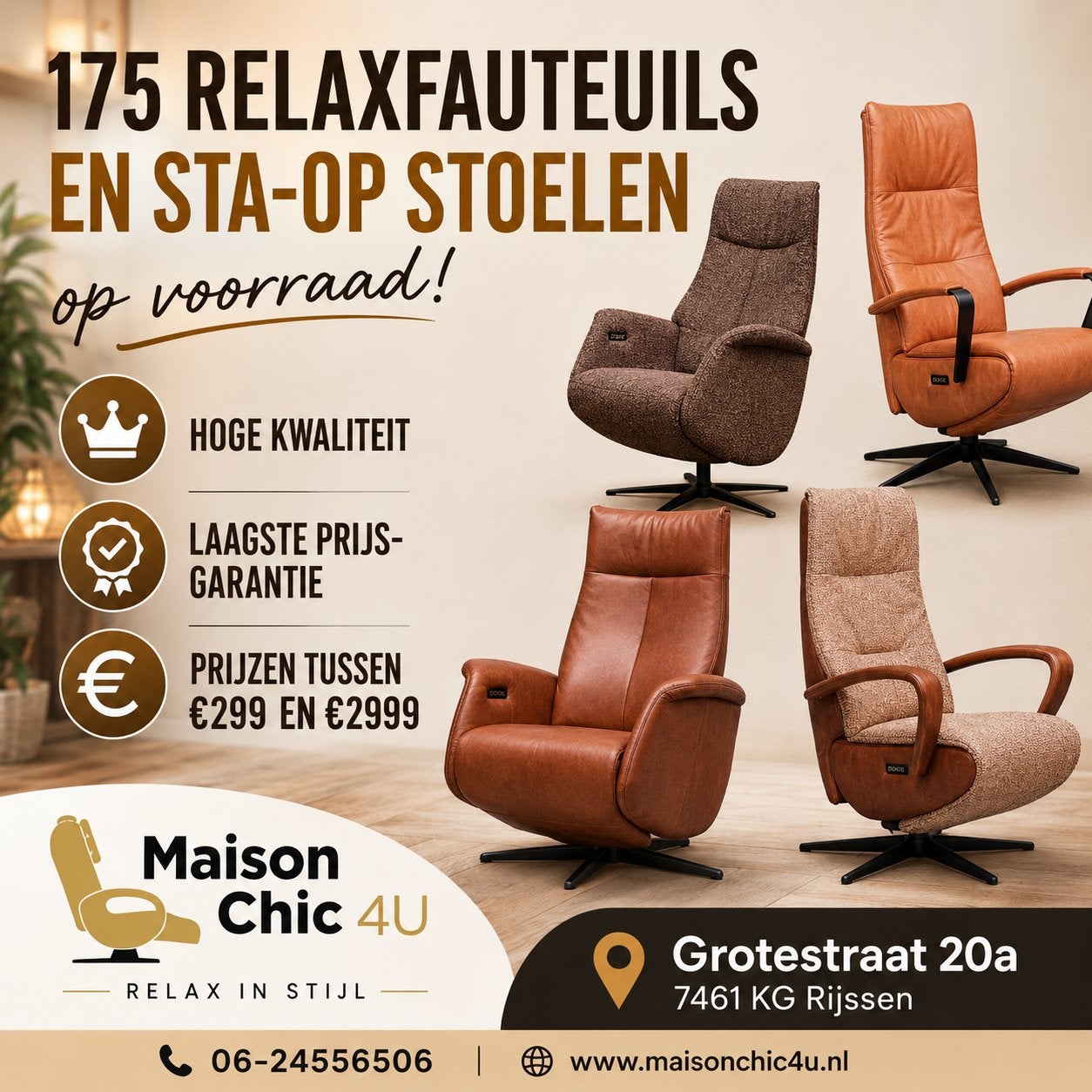 Grote voorraad relaxfauteuils en sta-op stoelen, Huis en Inrichting, Fauteuils, Relaxfauteuils, ., Minder dan 75 cm, Nieuw