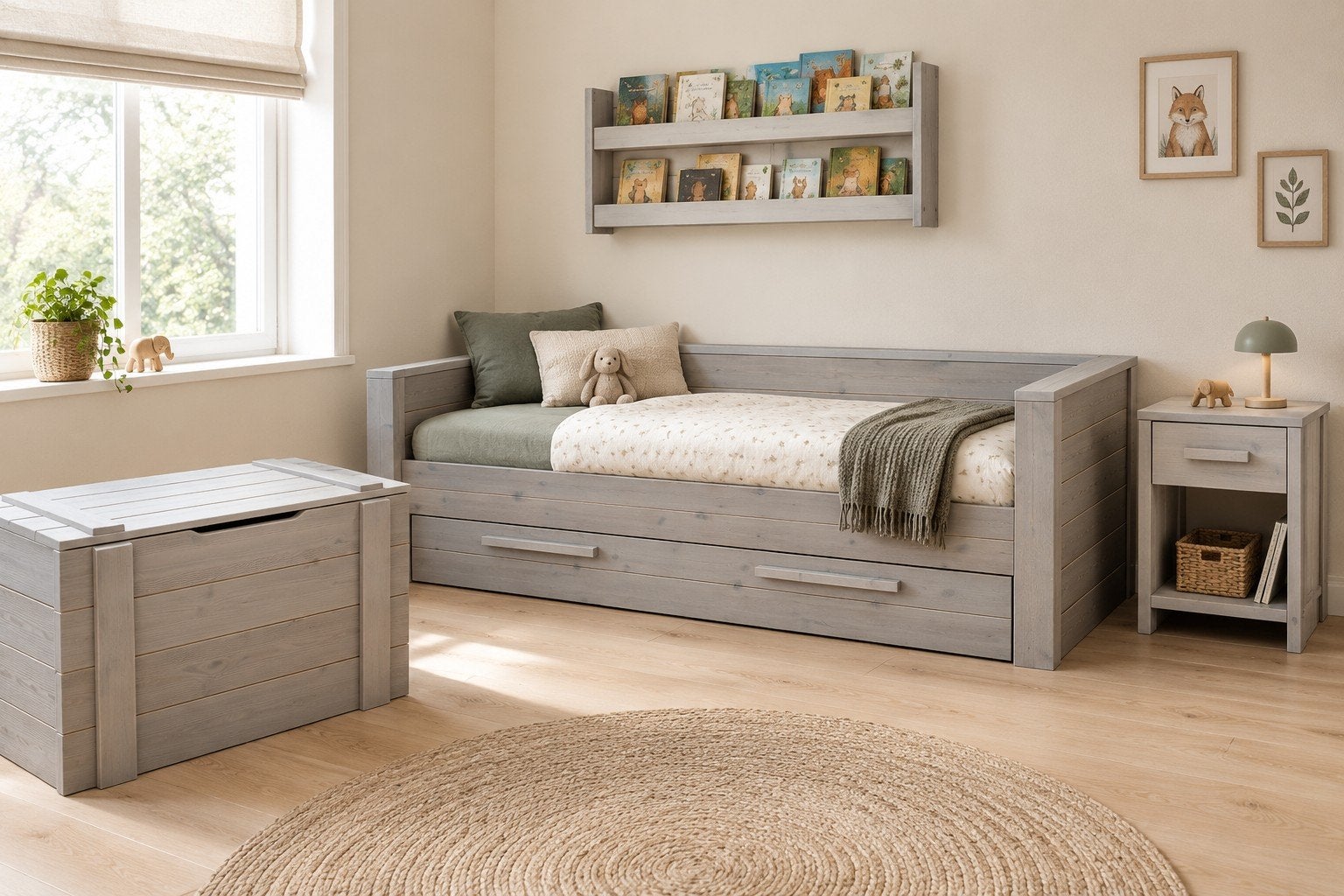 WOOOD Dennis Kinderkamer Bed, Kastje, Opbergkist, Wandrek, Kinderen en Baby's, Ophalen, 85 tot 100 cm, Zo goed als nieuw, Lattenbodem