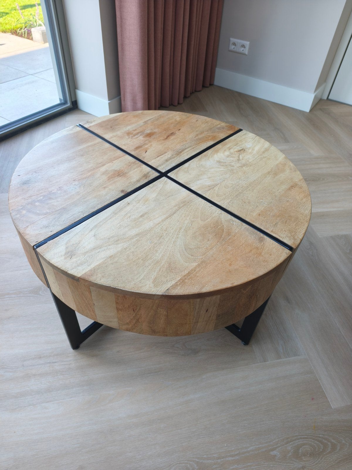 Ronde salontafel 75cm - teak hout met metalen onderstel, Gebruikt, 50 tot 100 cm, Rond, 50 tot 100 cm