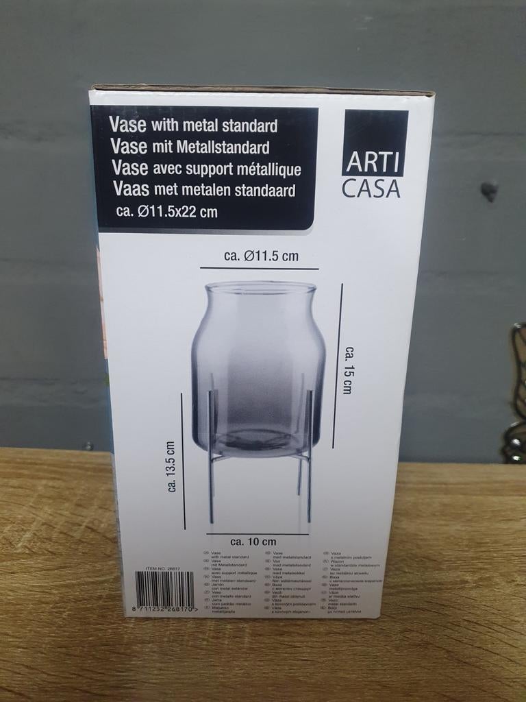Nieuwe glazen vaas op metalen standaard - ARTI CASA, Ophalen of Verzenden, Nieuw, Overige kleuren, Glas