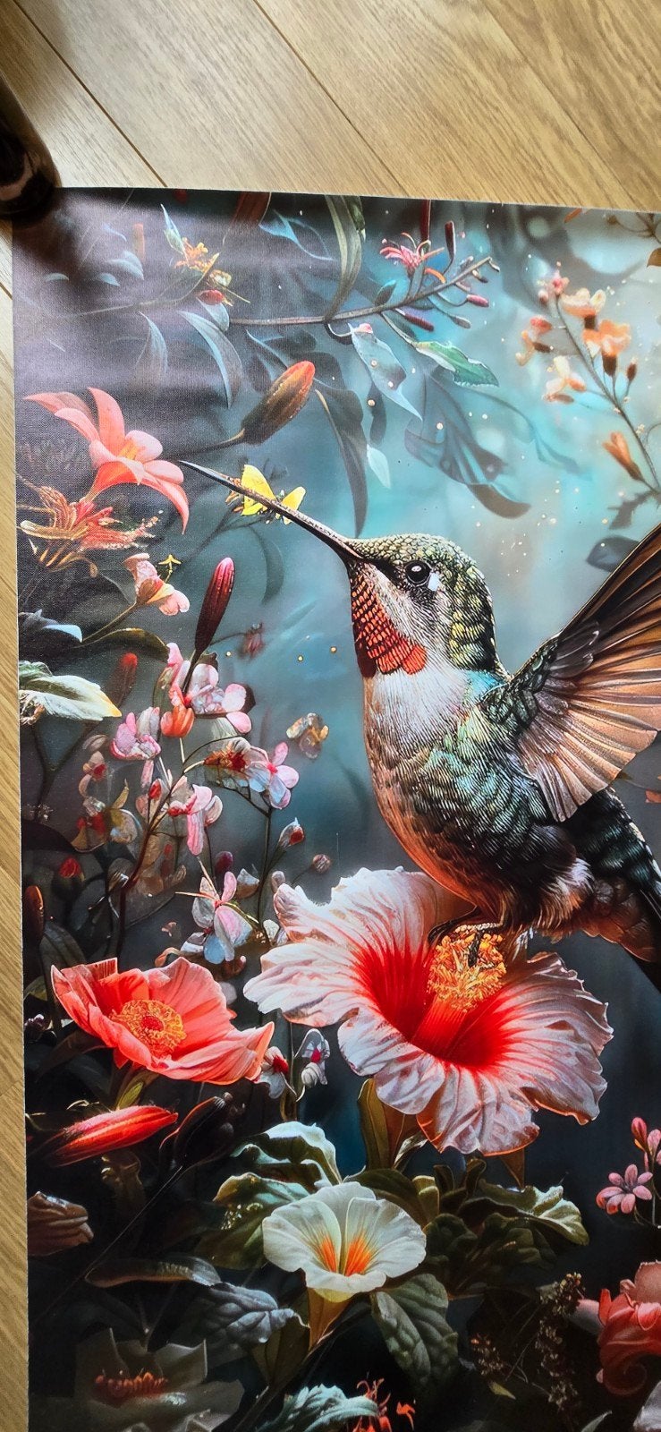 Kleurrijke afbeelding vogel met bloemen (kunststof) 80x120, Verzenden, 120 cm, Meerkleurig, Nieuw