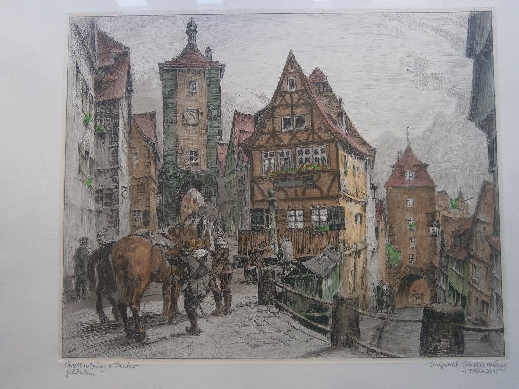 2  Grote  Gesigneerde Kleuretsen van Rothenburg (Dld. ), Antiek en Kunst, Ophalen, Ets