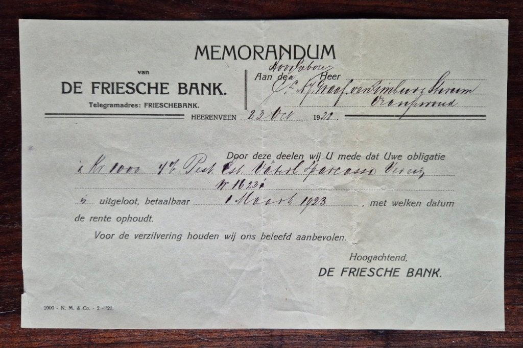 De Friesche Bank Heereveen Memorandum 1922, Ophalen, 20e eeuw of later, Gelezen