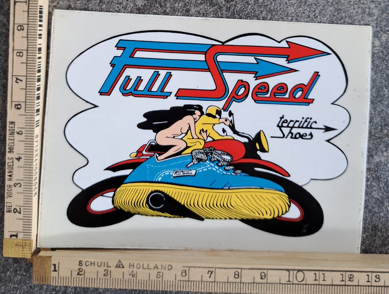 vintage sticker Full speed naakte vrouw op motor sexy dame, Ophalen of Verzenden, Zo goed als nieuw