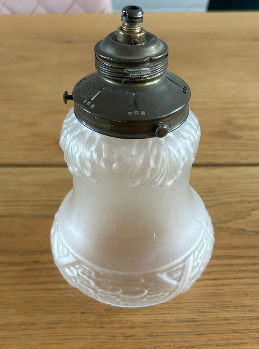 Antieke glazen lampenkap met metalen fitting, Antiek en Kunst, Ophalen of Verzenden