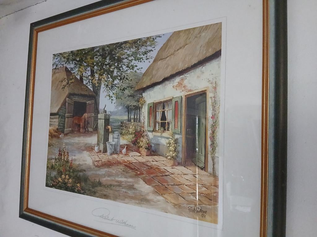 Sfeervolle ingelijste landelijke aquarel, Ophalen of Verzenden