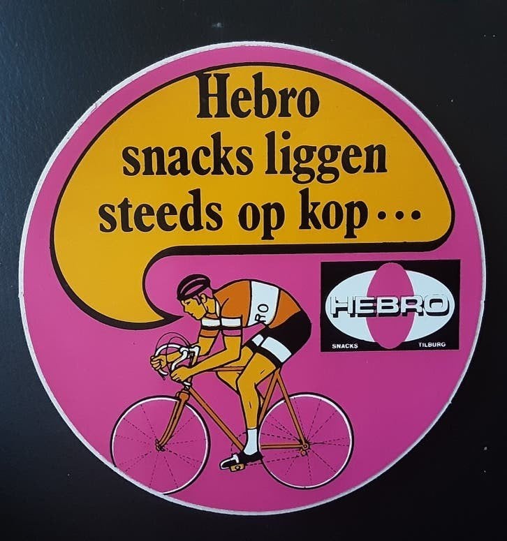 Vintage Hebro Snacks Sticker - Wielrenner, Ophalen of Verzenden, Zo goed als nieuw, Merk