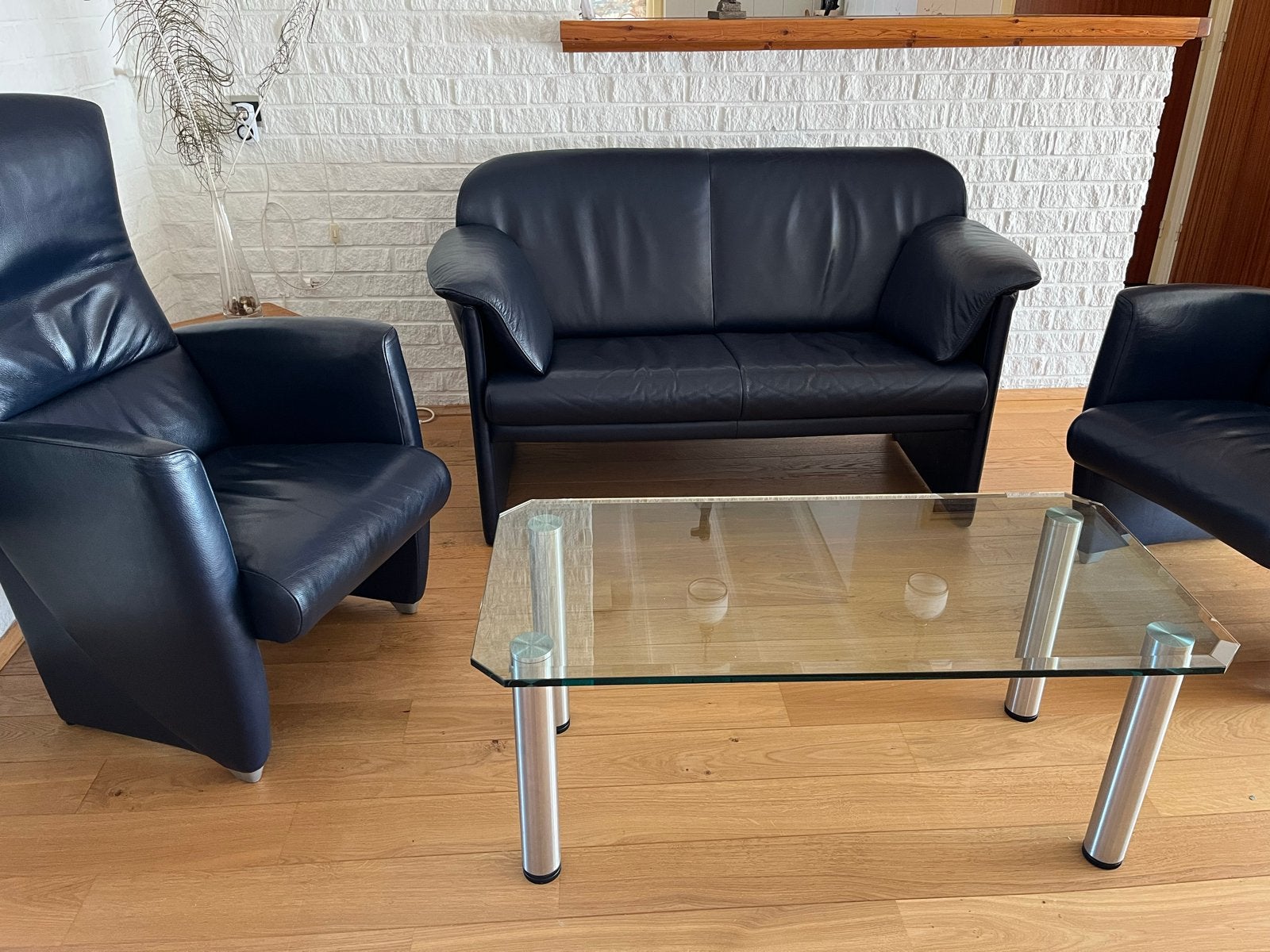 Echt leren donkerblauw bankstel (cielo), Ophalen, Gebruikt, 150 tot 200 cm, Tweepersoons