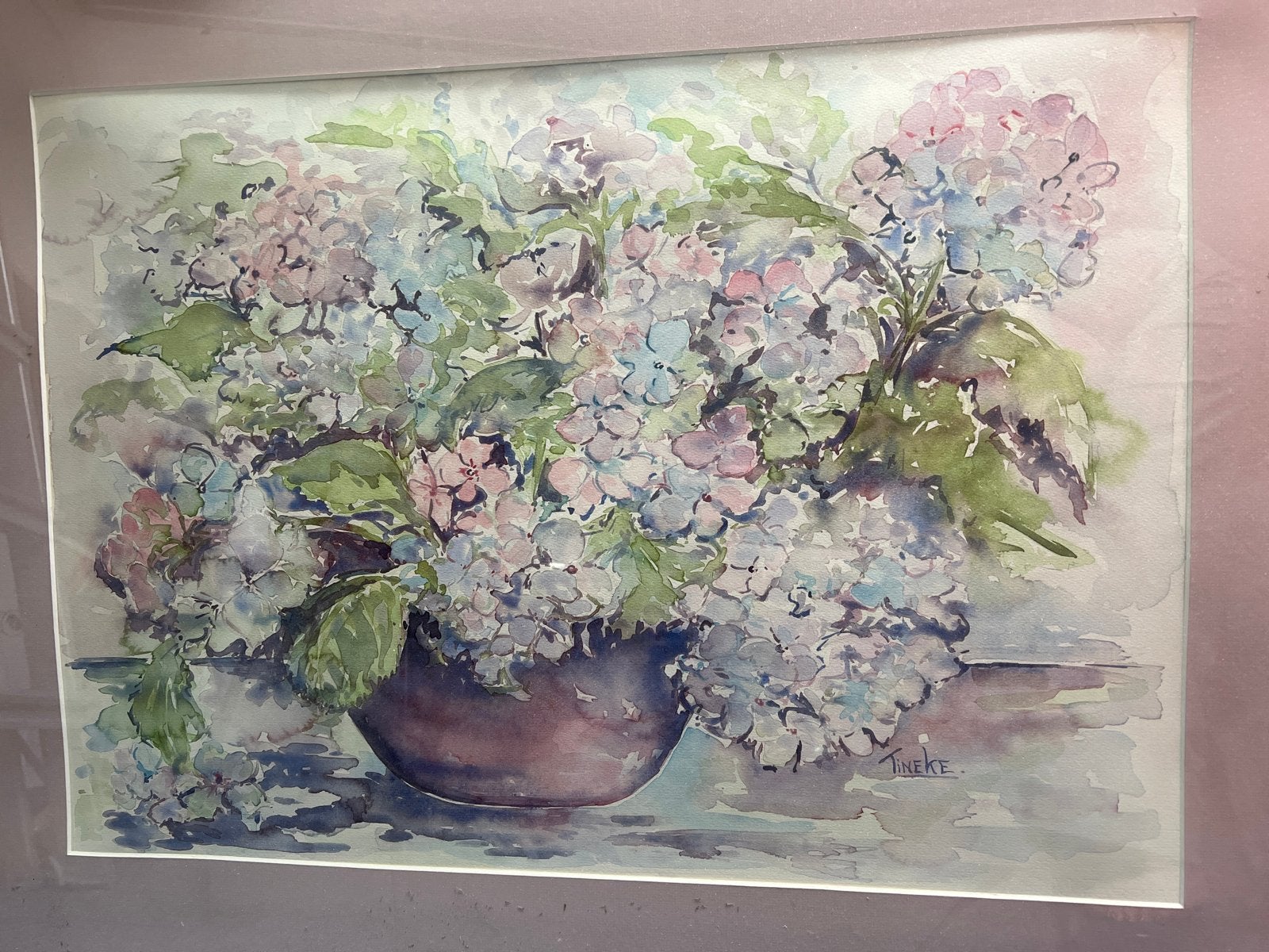 Aquarel schilderij van hortensia's - gesigneerd, Antiek en Kunst, Kunst | Schilderijen | Klassiek, Ophalen