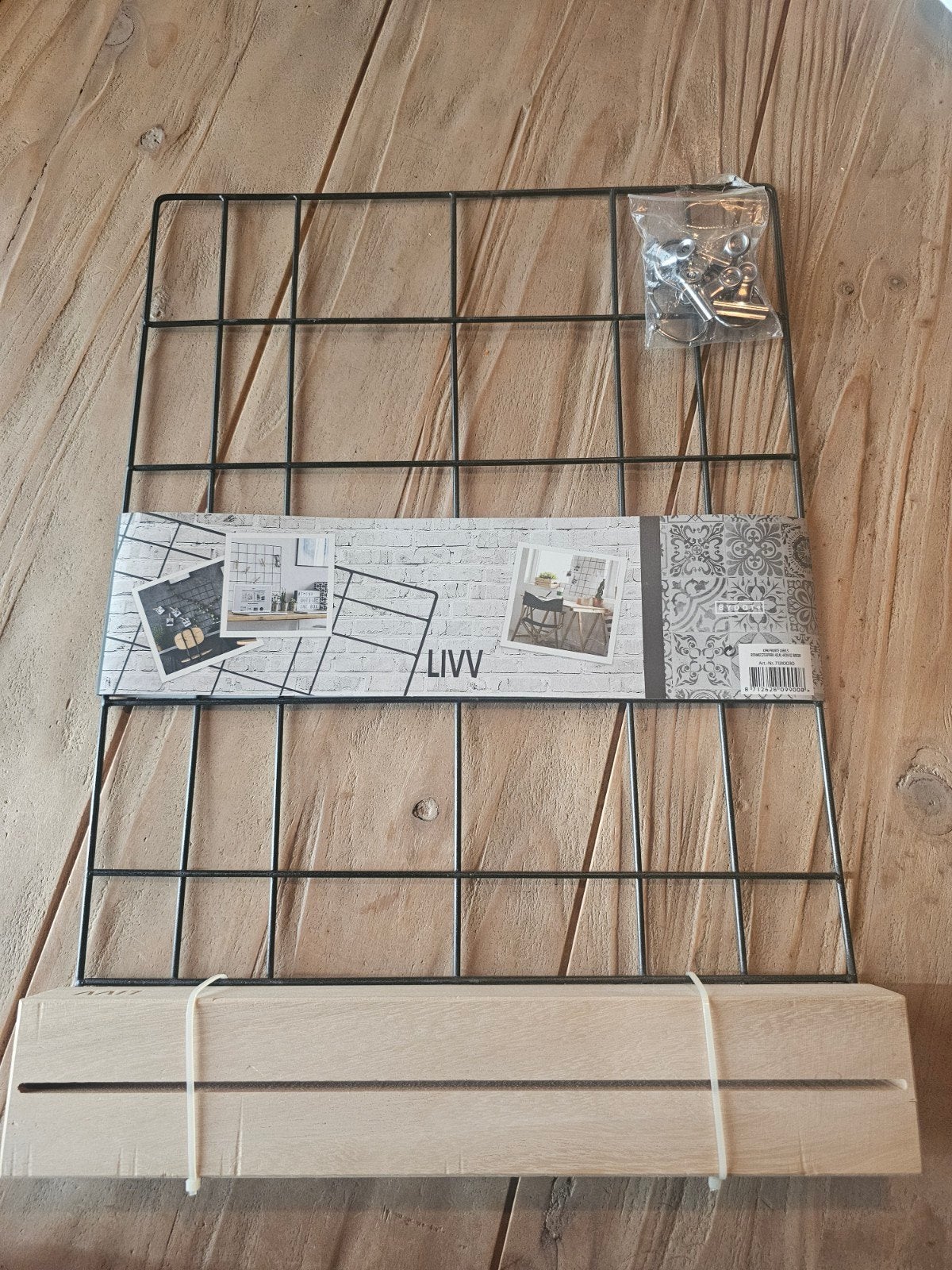 LIVV Wandrek / Memobord - Zwart Metaal met Houten Plankje, Ophalen, Metaal, Industrieel, Zwart