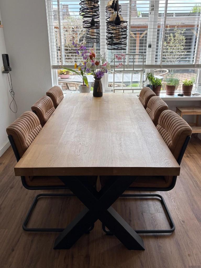Eikenhouten tafel met 6 stoelen, Ophalen, Gebruikt, 200 cm of meer, 50 tot 100 cm