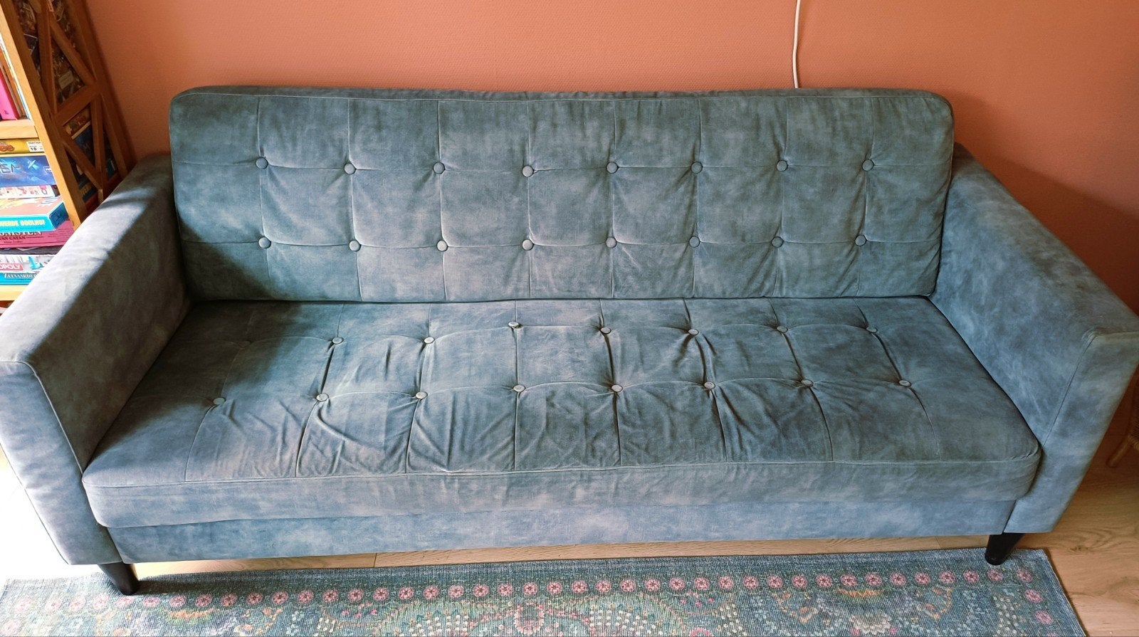 Umix blauwe velvet 3 zits bank, Huis en Inrichting, Banken | Bankstellen, Ophalen, Gebruikt, 75 tot 100 cm, 200 tot 250 cm