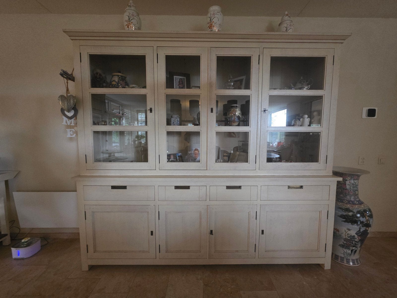 Massief eiken kast - Wit whitewash - 240x50x215 cm, Ophalen, Gebruikt, 200 cm of meer, 200 cm of meer