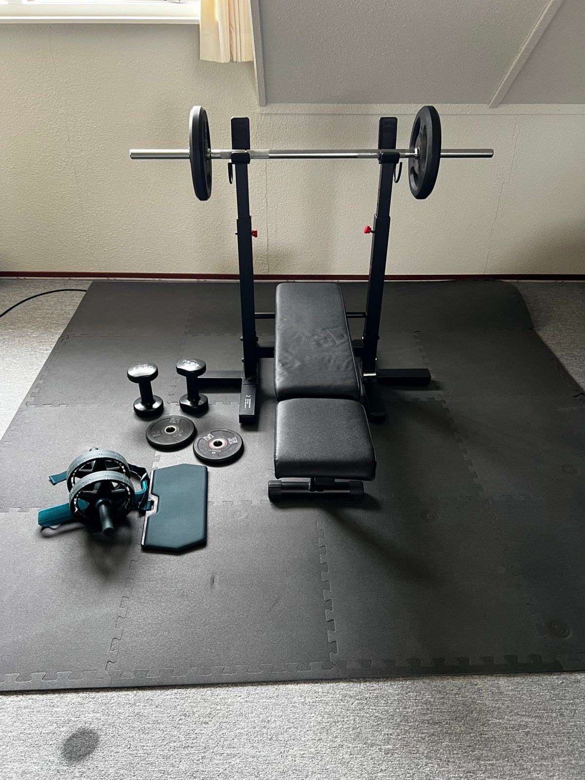 Fitnessbankje met gewichten, Sport en Fitness, Fitnessmaterialen, Ophalen, Zo goed als nieuw, Fitnessbank