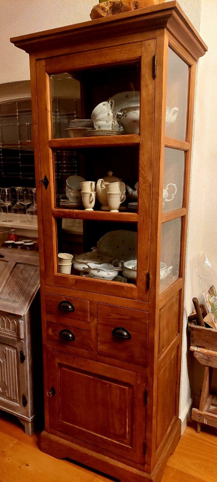 Teakhouten Vitrinekast - 201x71x48 cm, Ophalen, Gebruikt, 200 cm of meer, Met lade(s)