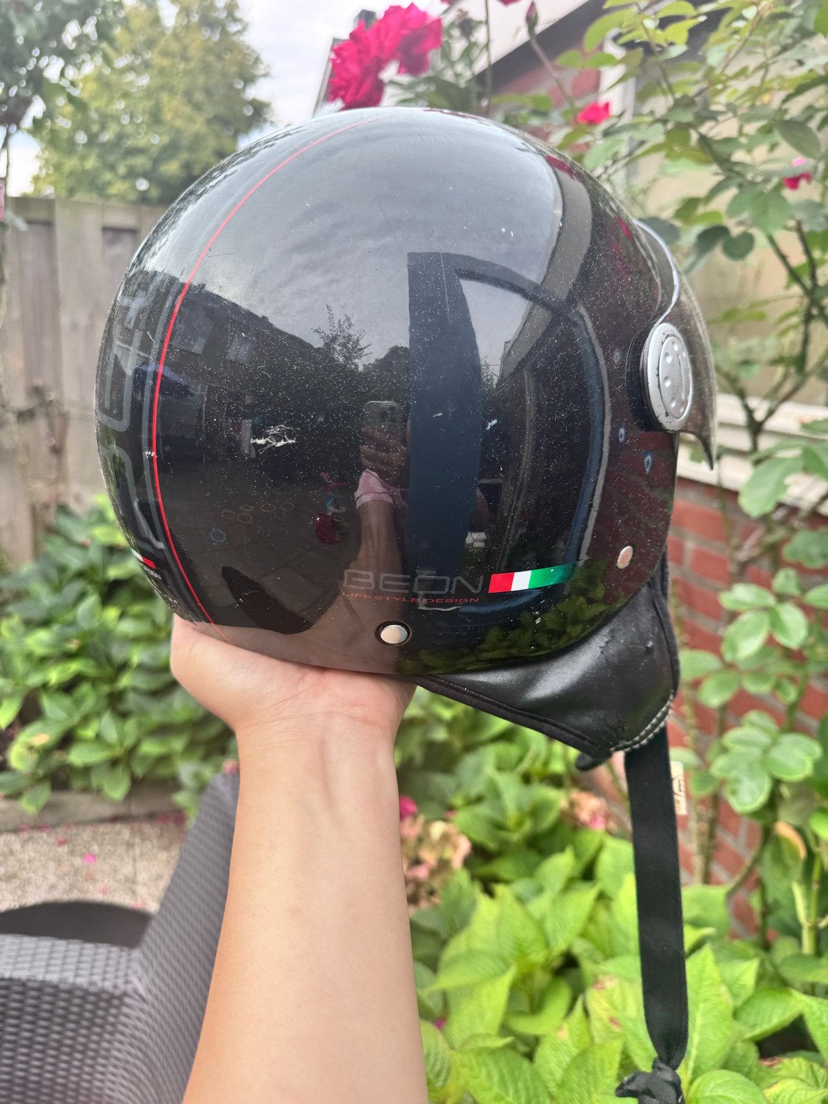 Scooter helm maat L - Zwart met rood/witte streep, Ophalen of Verzenden, Gebruikt, Large