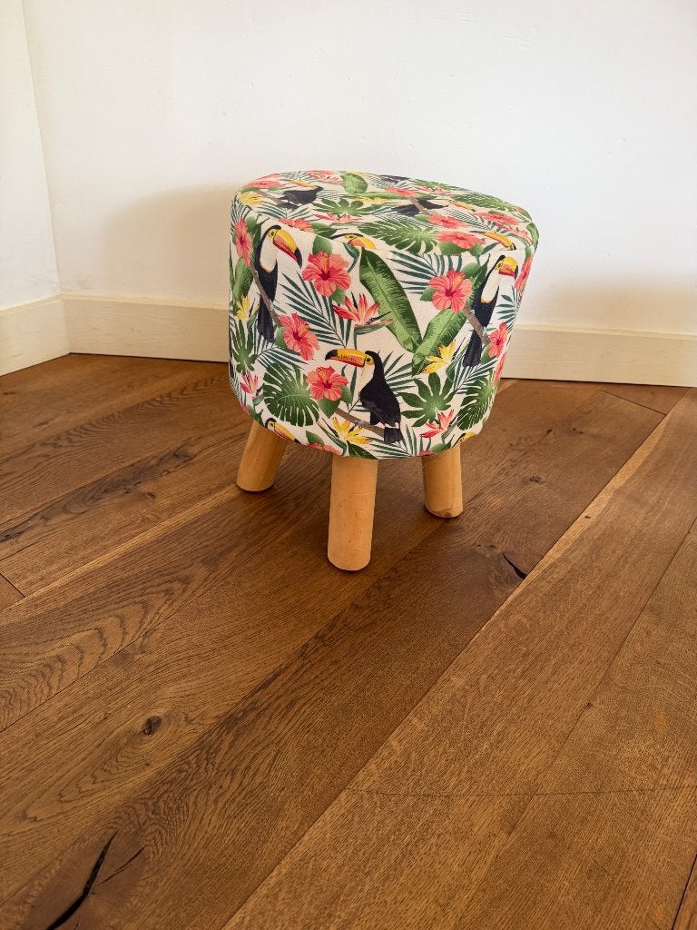 Vrolijk krukje, houten pootjes, jungleprint, Ophalen, Gebruikt, Hout