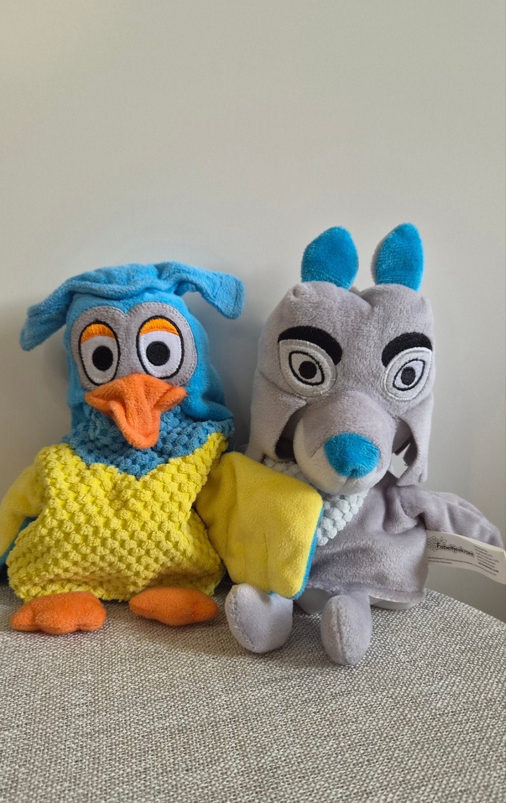Fabeltjeskrant handpoppen: Meneer de Uil en Lowieke de Vos, Gebruikt, Overige merken, Overige karakters, Blauw