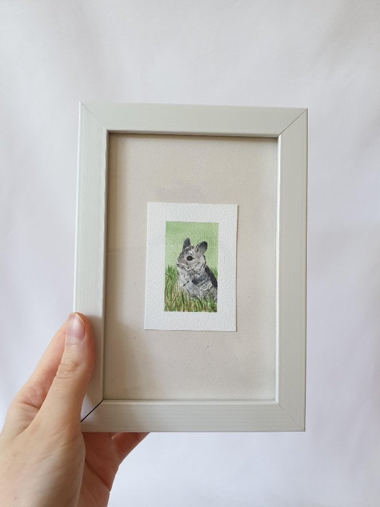 Origineel handgeschilderd miniatuur tekening chinchilla, Huis en Inrichting, Woonaccessoires | Schilderijen, Tekeningen en Foto's