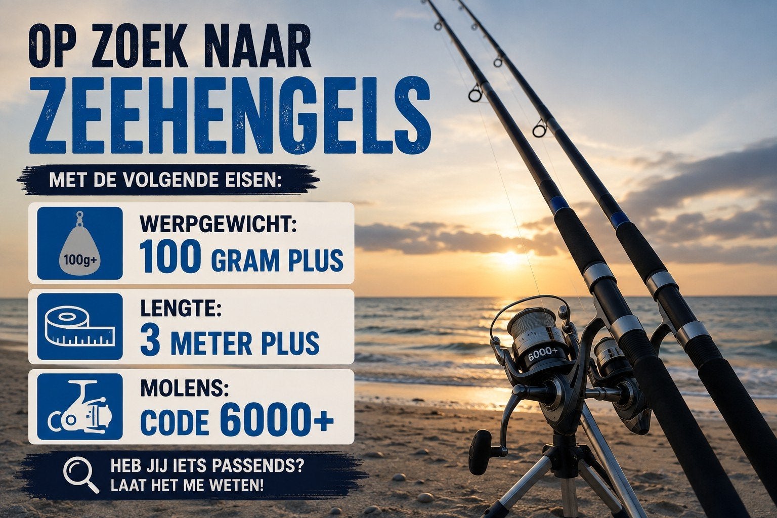 Zeehengels GEZOCHT inclusief molens., Ophalen of Verzenden, Gebruikt, Complete hengel