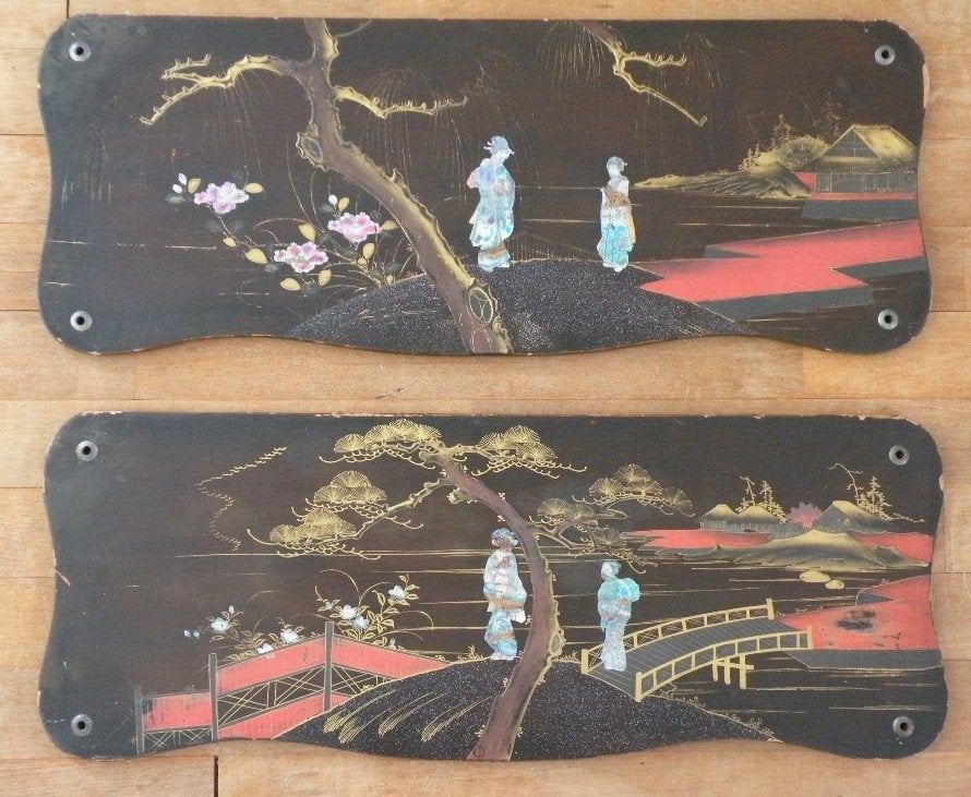 Panelen. Japans. Meiji.  Beiderzijds gedecoreerd., Ophalen of Verzenden, Hout
