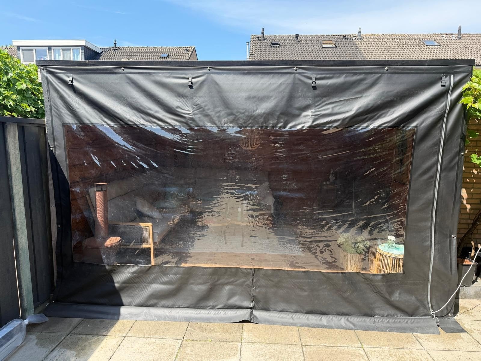 Zwart partytentdoek met raam en rits, Tuin en Terras, Partytenten, Ophalen, Gebruikt, Overige typen, 4 tot 6 meter
