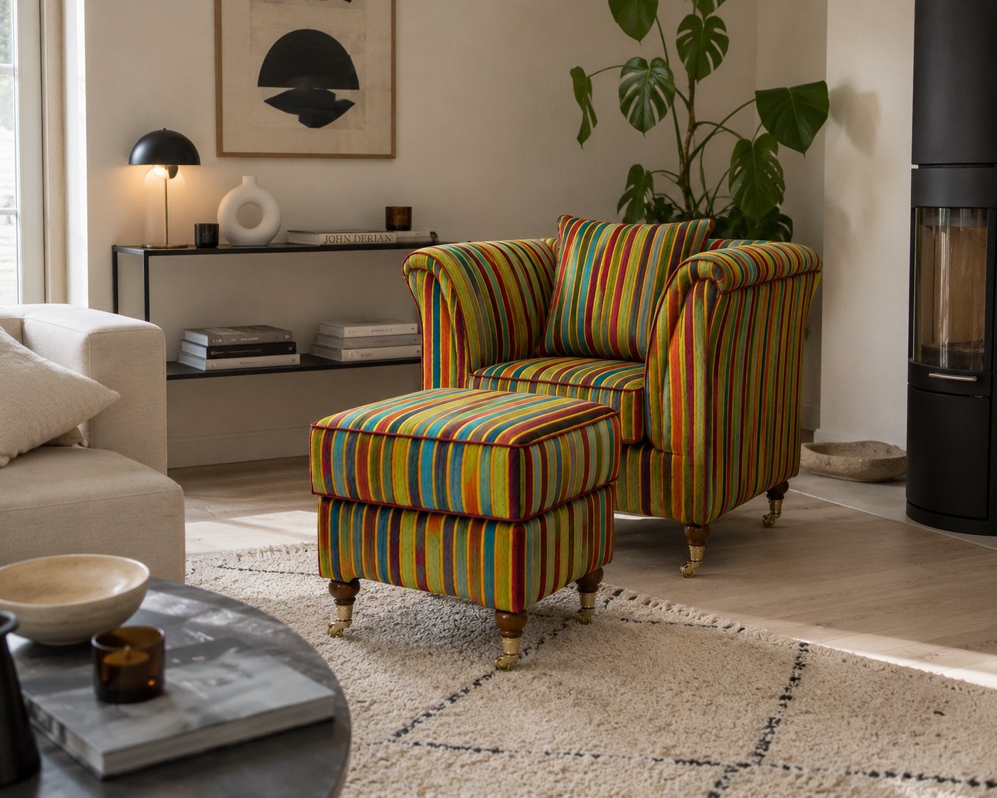 Vintage design fauteuil met hocker, Ophalen, Etro, 75 tot 100 cm, Zo goed als nieuw