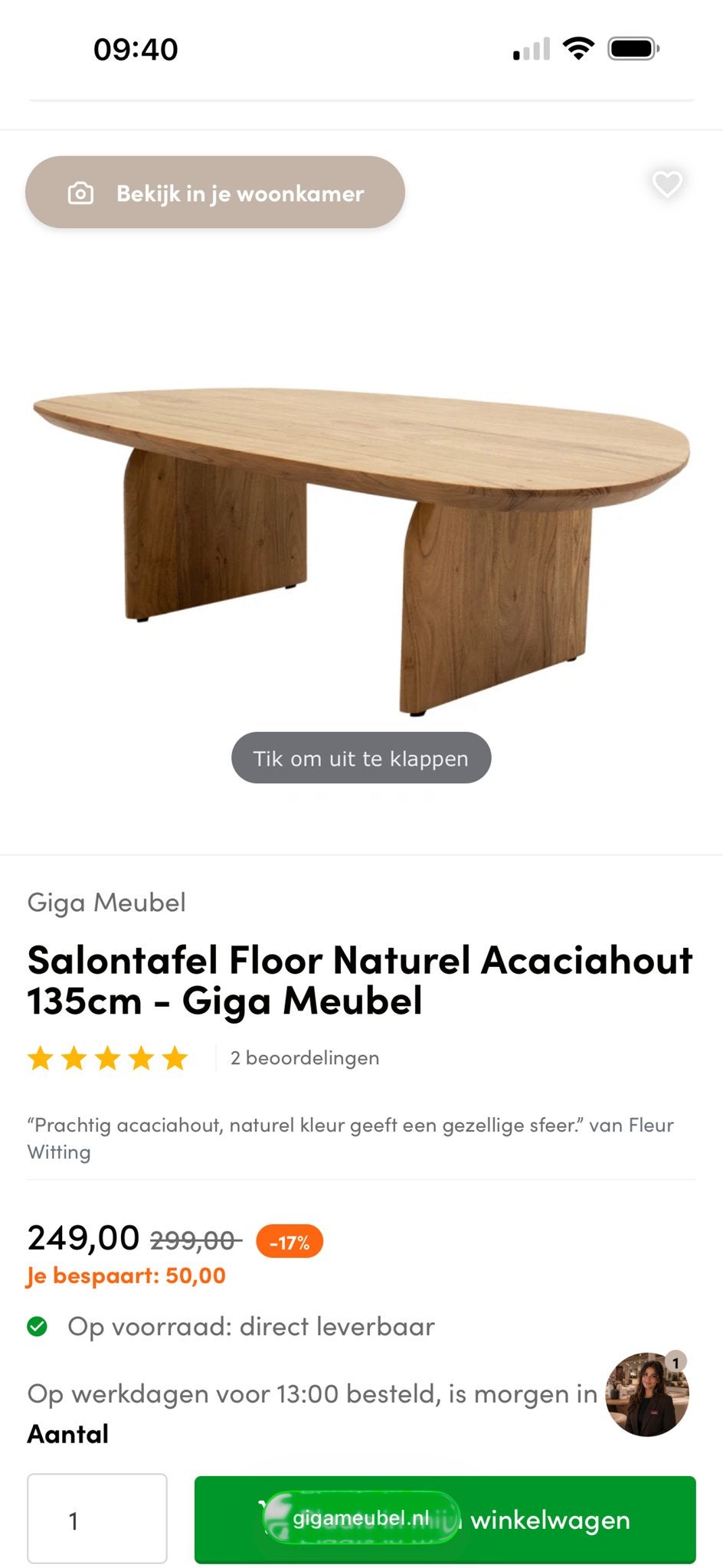 Salontafel Floor Naturel Acaciahout 135cm, Ophalen, Gebruikt, 100 tot 150 cm, 50 tot 100 cm