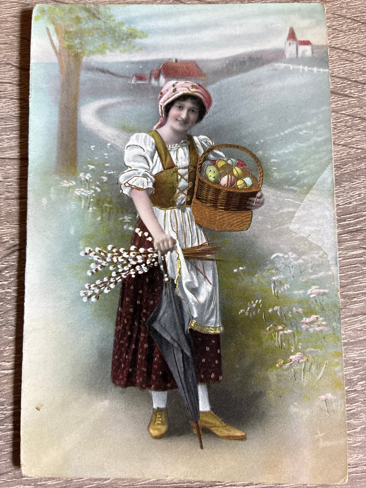 Oude Paaskaart: Vrouw met Paaseieren en Wilgentakken, Ophalen of Verzenden, Voor 1920, Gelopen, Noord-Brabant
